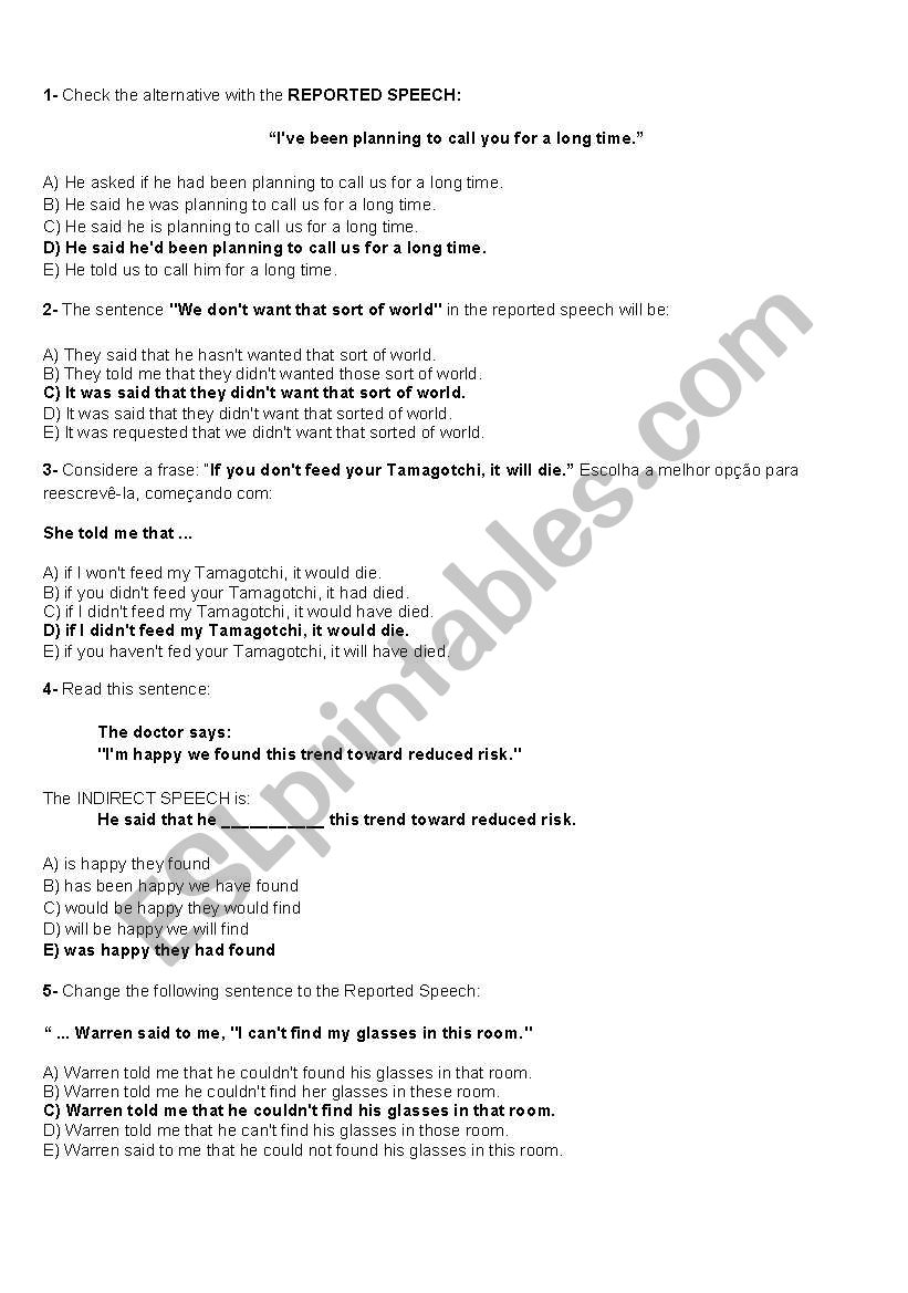 REPORTED SPEECH EXERCISES worksheet