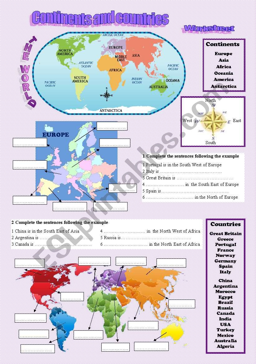 Continents Europe Countries cardinal points