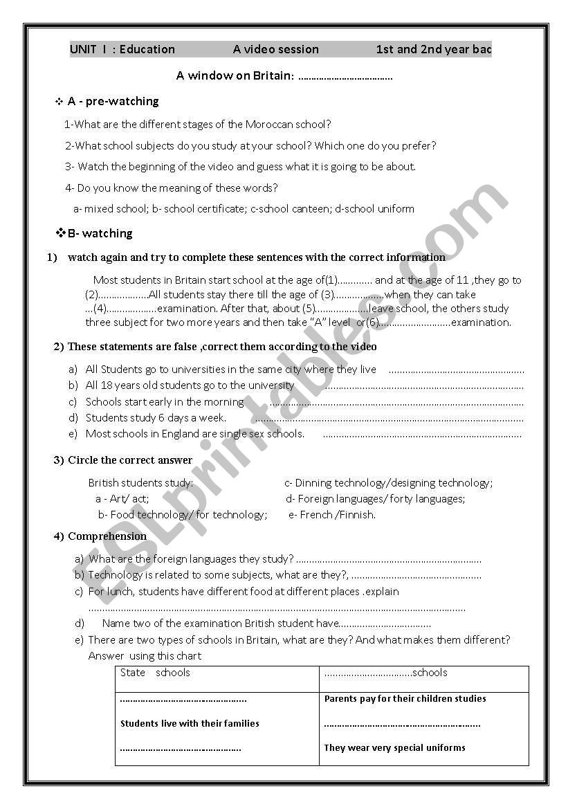 window on britain : schools worksheet