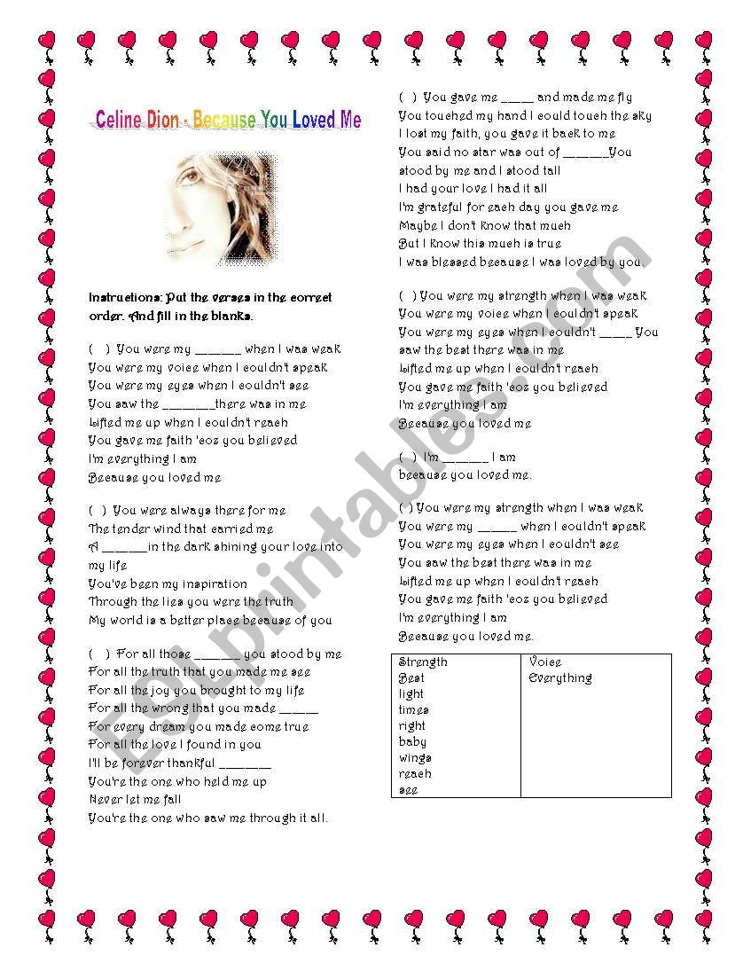 Because you loved me... worksheet