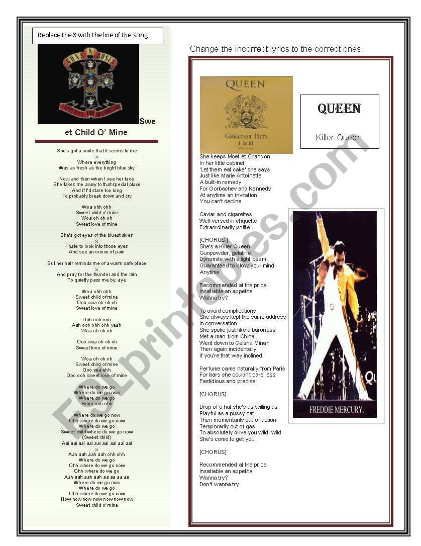 Guns n Roses and Queen song lyrics