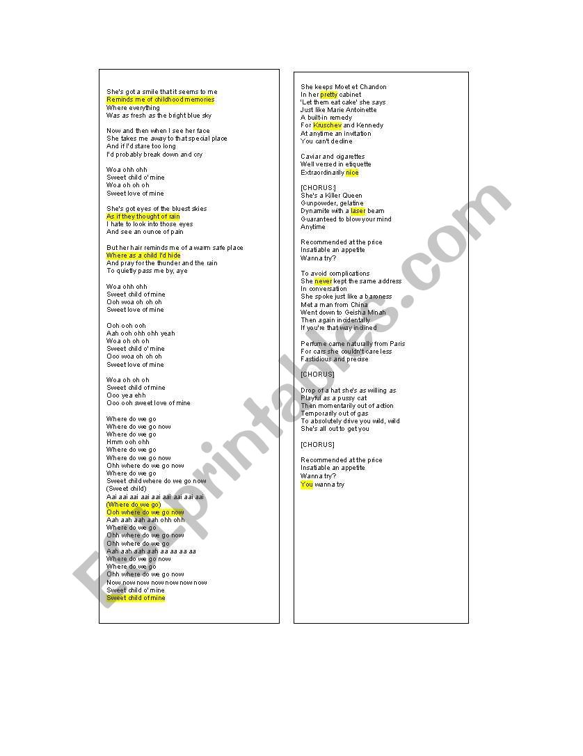 Guns n Roses and Queen lyrics answer sheet.