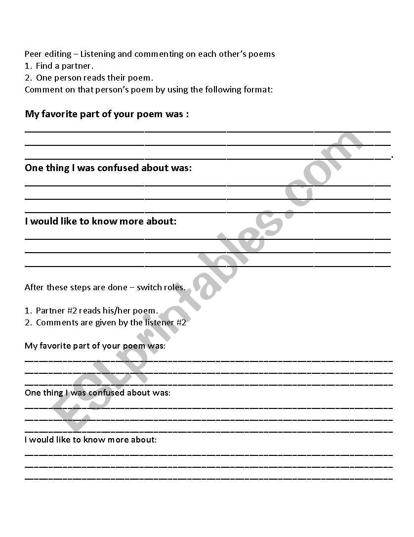 Where Im From - Peer Editing worksheet