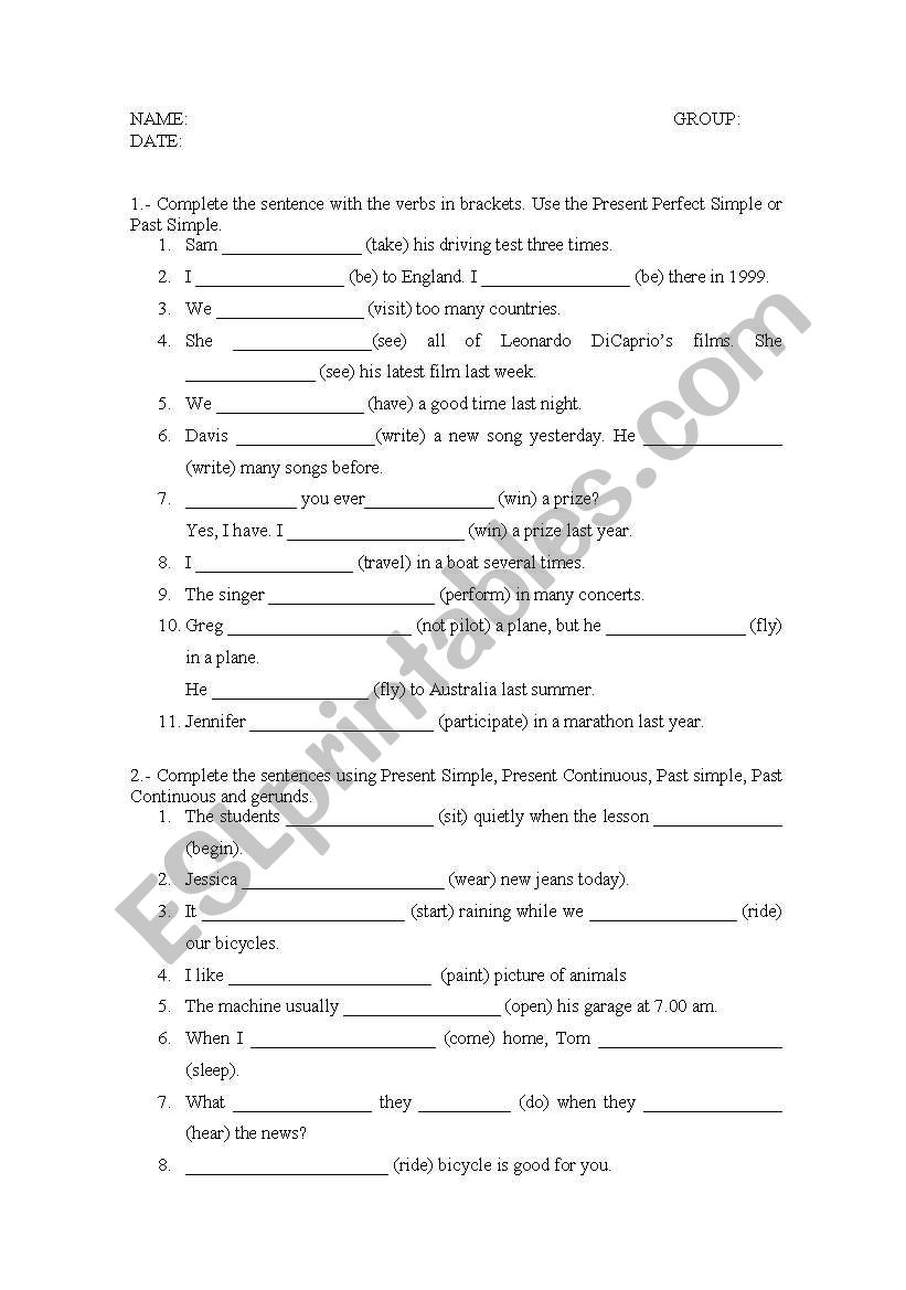 Present simple and continuous, past simple and continuous and present perfect test