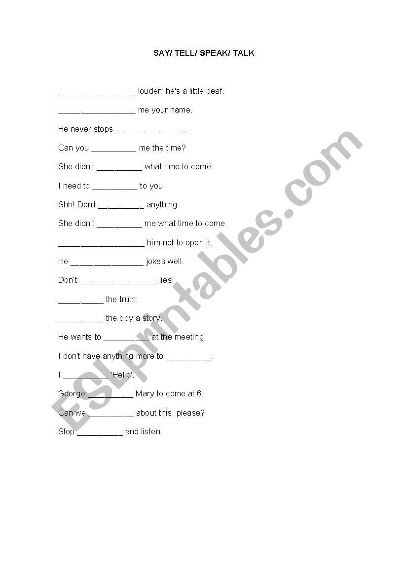 say/ tell/ speak/ talk worksheet