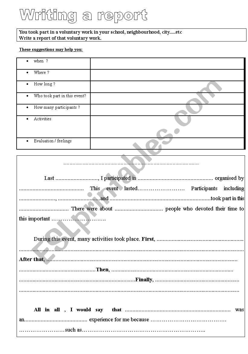 writing: A report worksheet