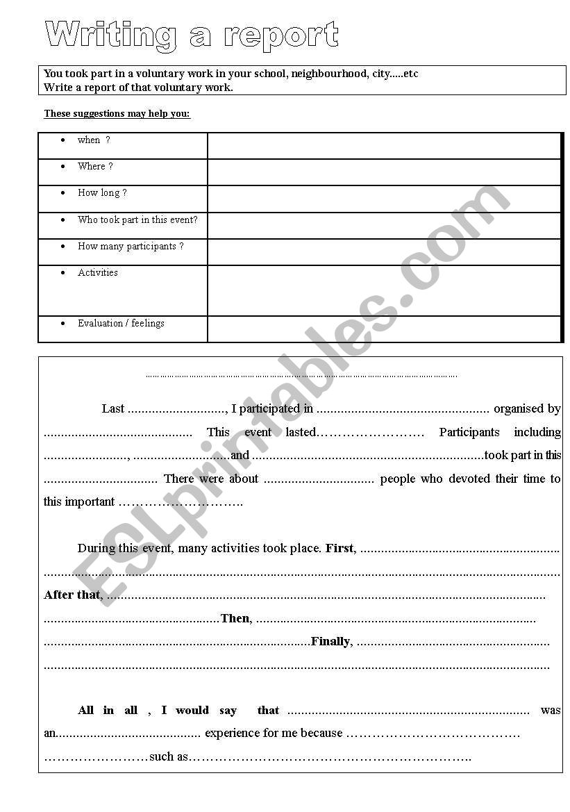 writing: A report worksheet