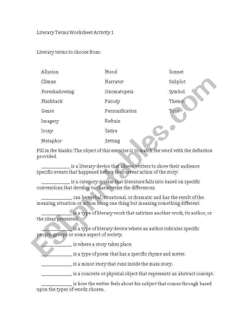 Literary Device Worksheet worksheet
