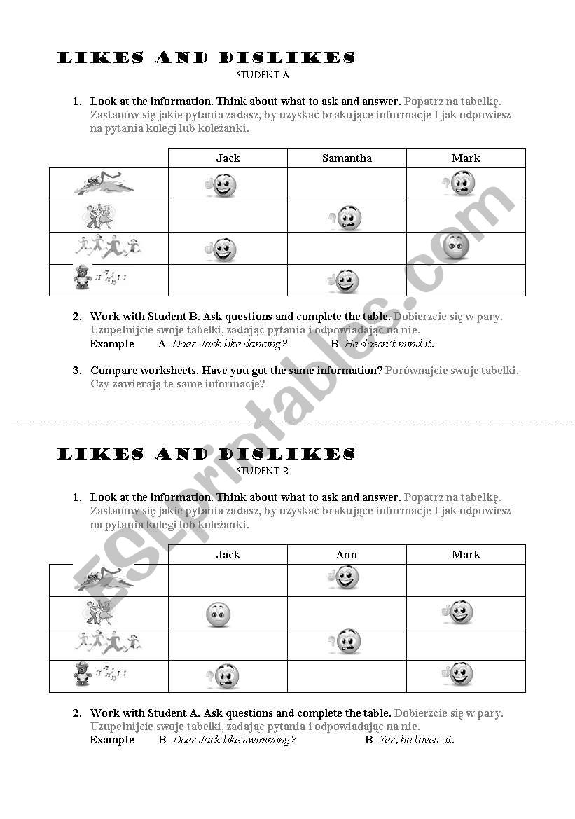 Likes and dislikes worksheet