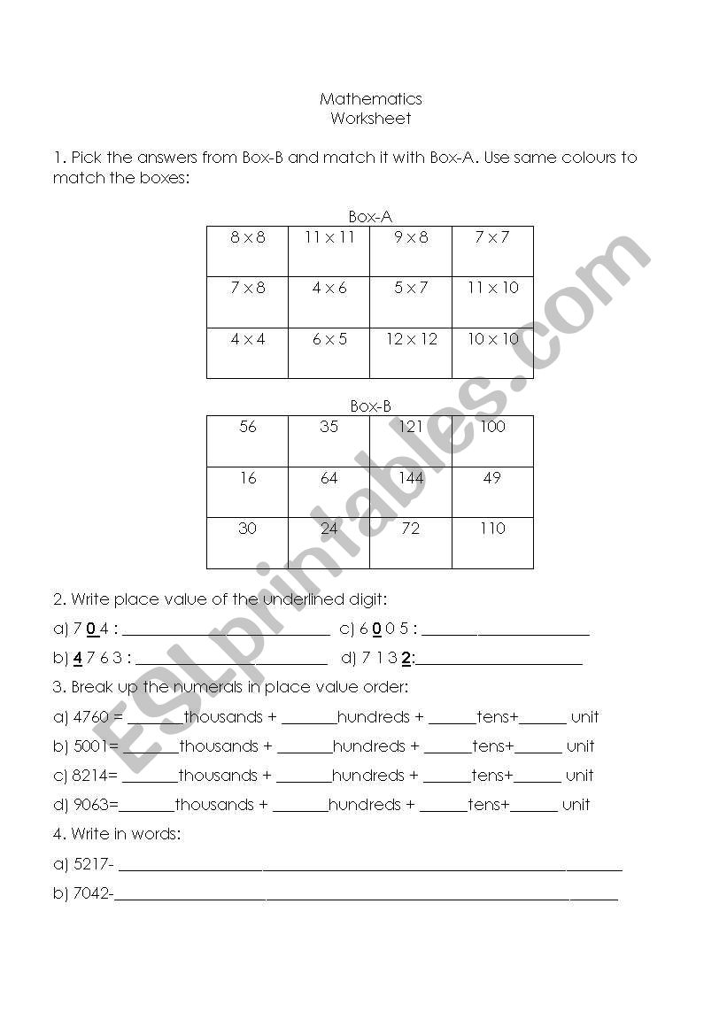 Mathematics Worksheet worksheet