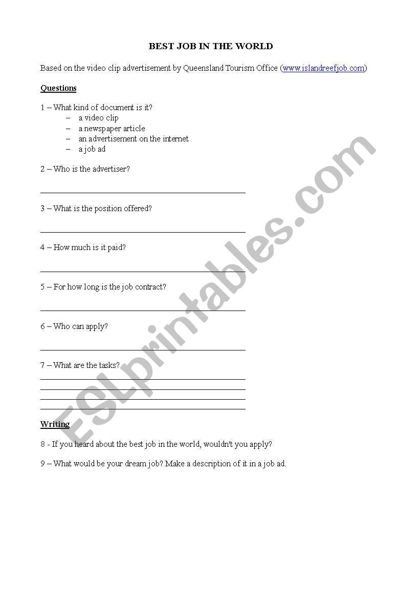 Best Job in the World worksheet