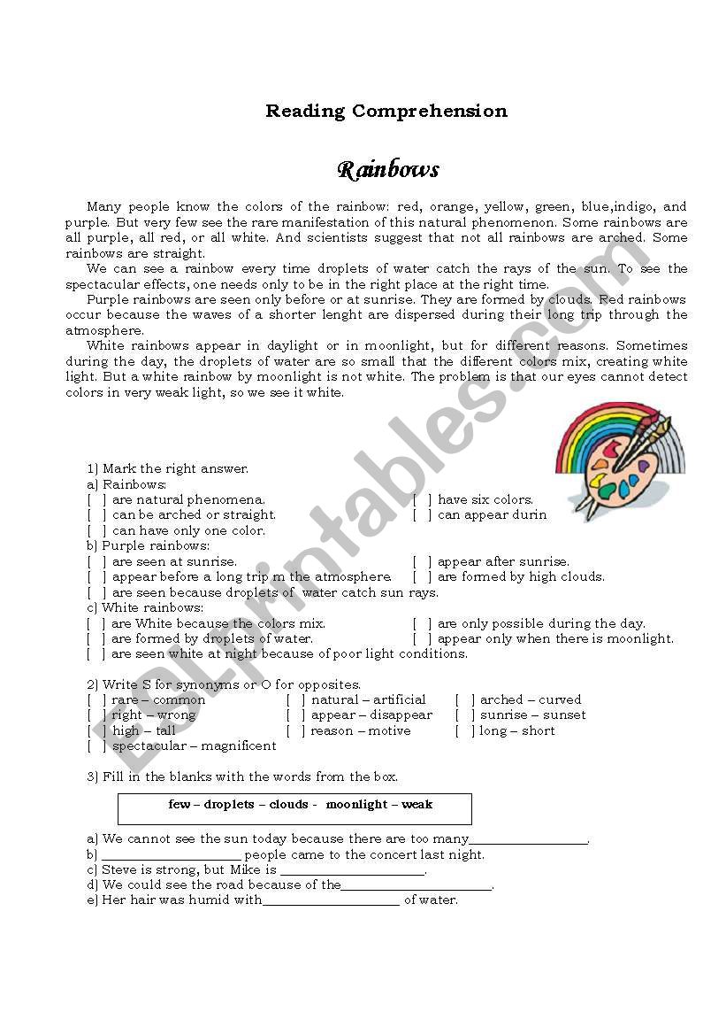 Rainbows Reading Comprehension - ESL worksheet by Sintia