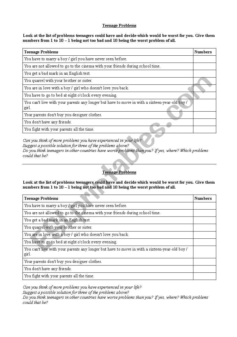 Teenage Problems - Speaking worksheet