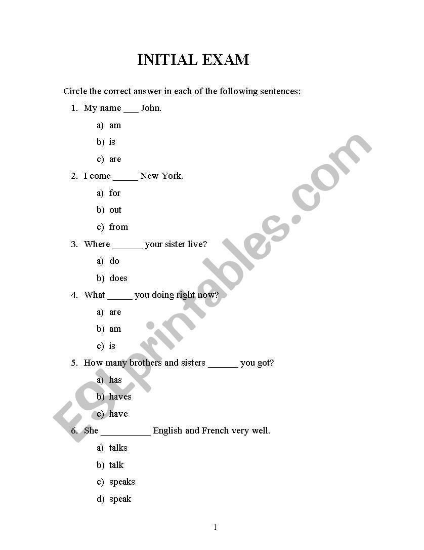 INITIAL EXAM  worksheet