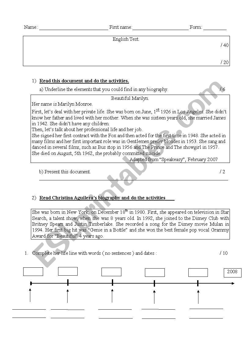 biographies test worksheet