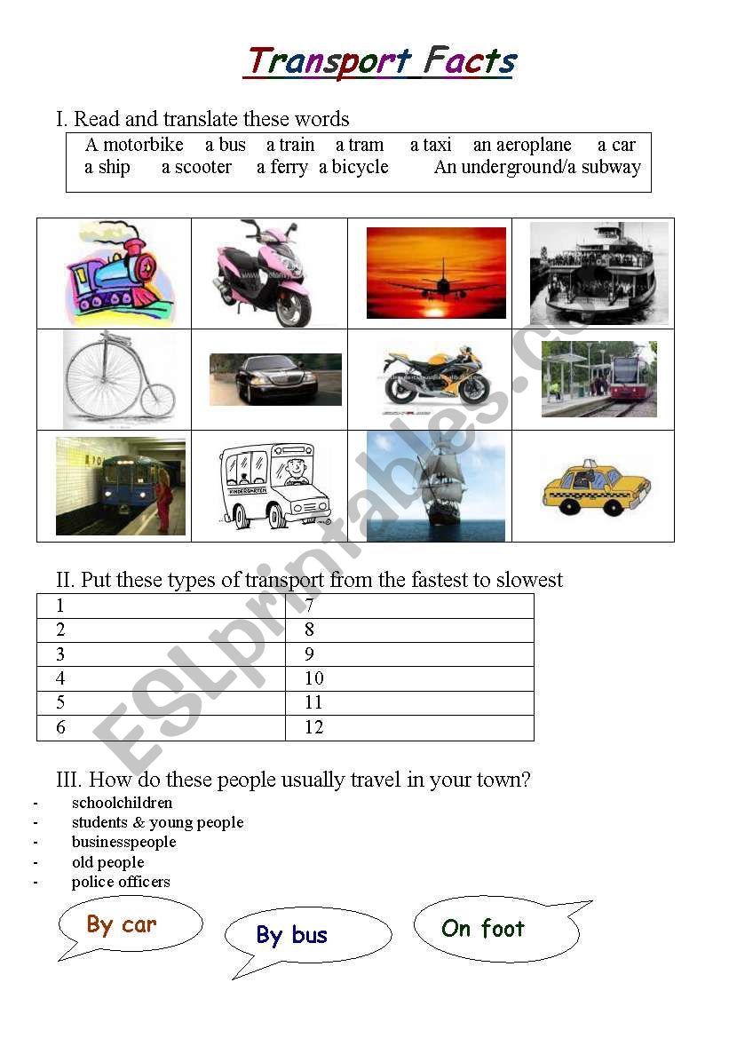 Transport means (part 1) worksheet