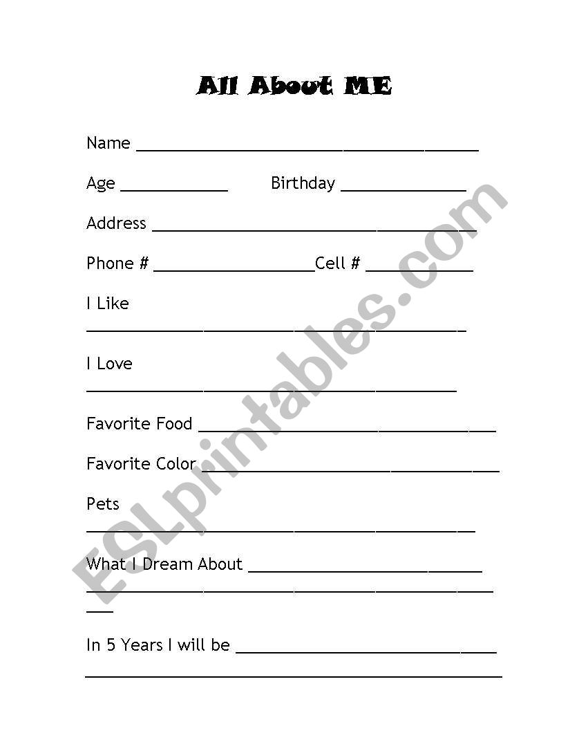 All About Me Form worksheet