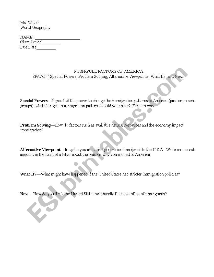SPAWN Activity Push/Pull Factors of American Immigration