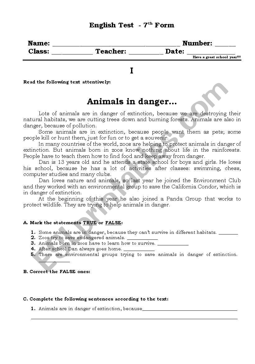 animals worksheet