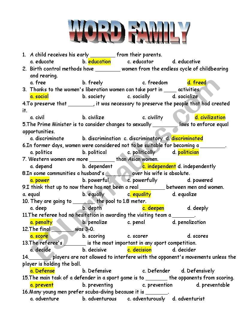 word family worksheet