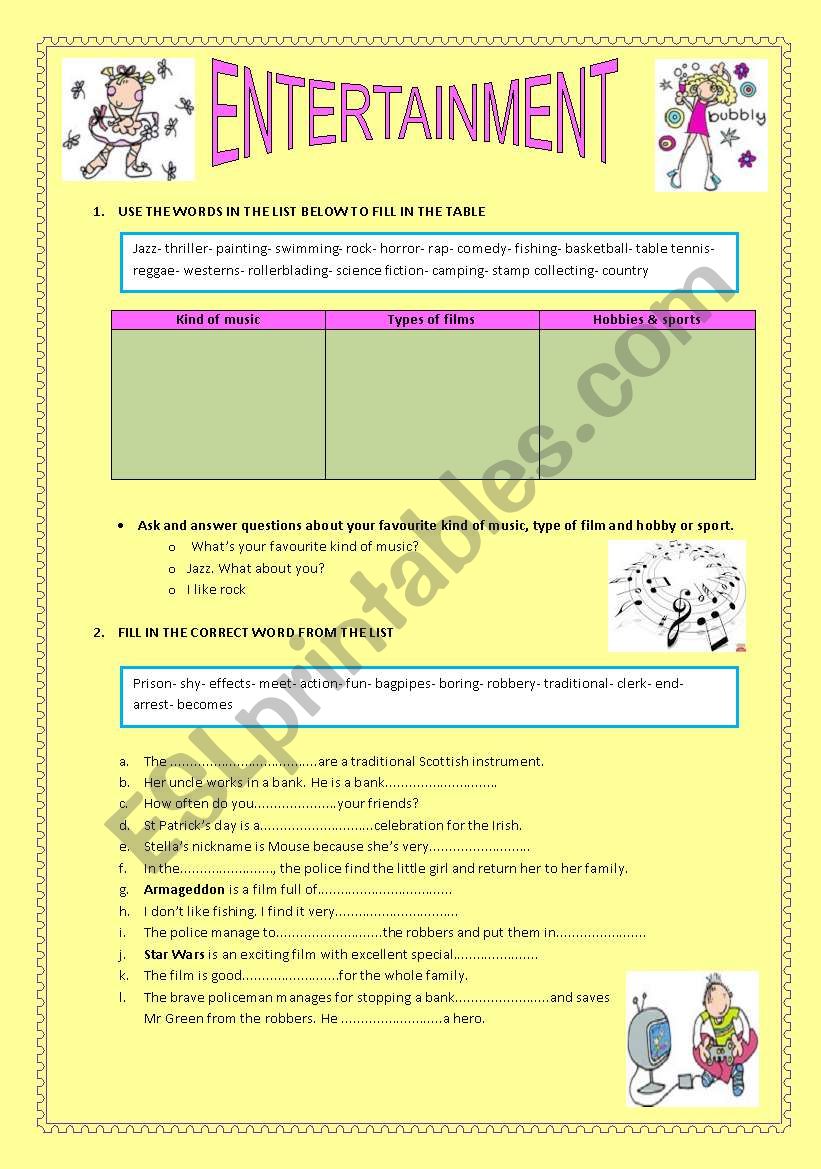 ENTERTAINMENT worksheet