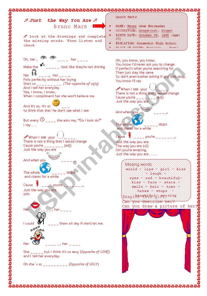 Just the way you are- song worksheet