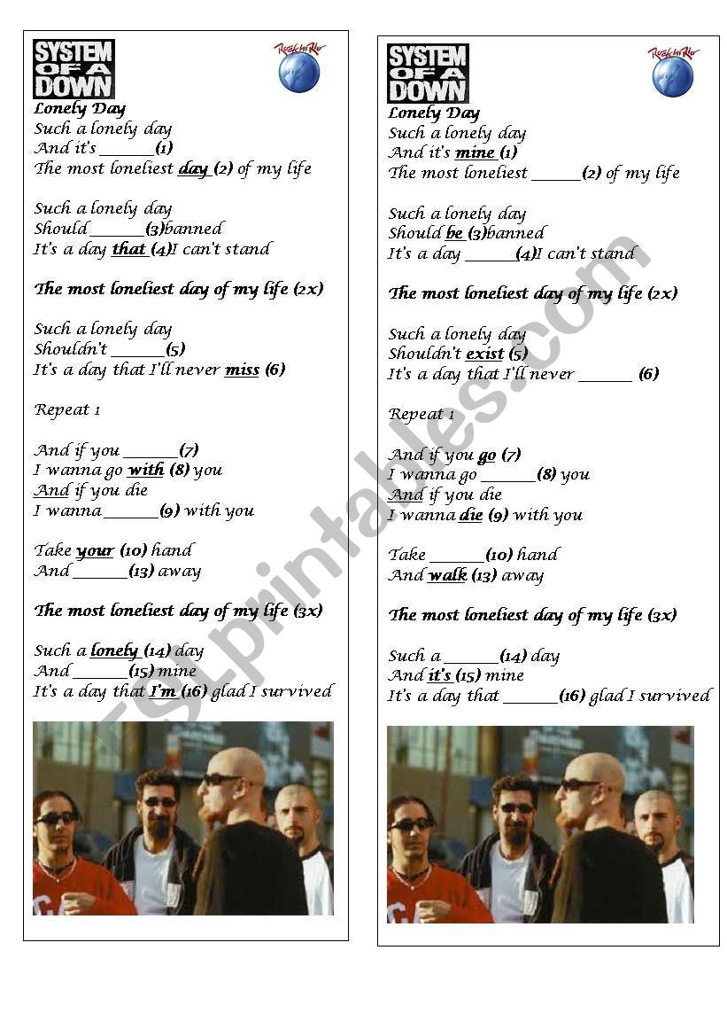 Lonely Day - System of a Down worksheet