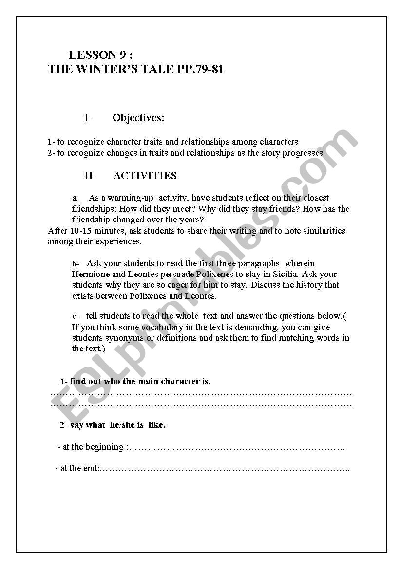 The Winters Tale worksheet