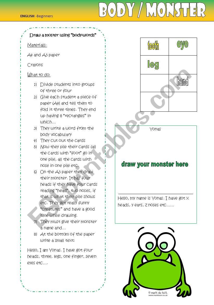 Body - Monster Theme worksheet