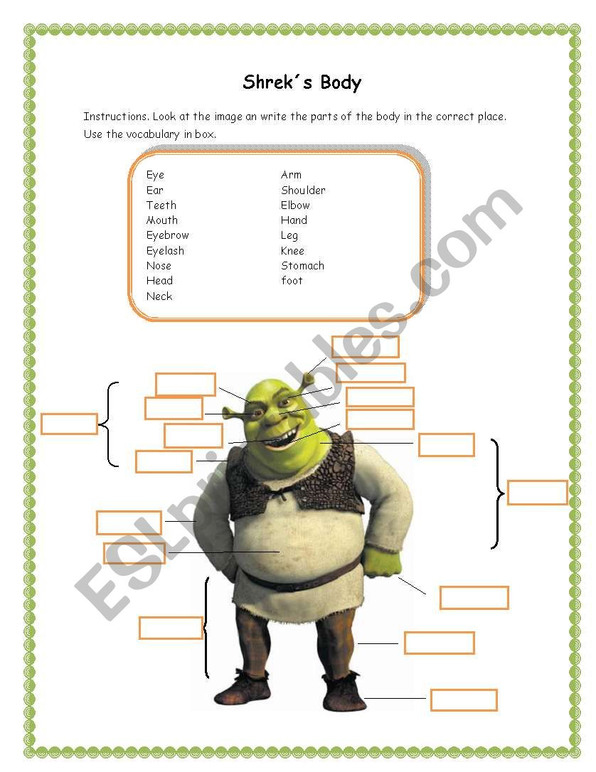 Shreks Body worksheet