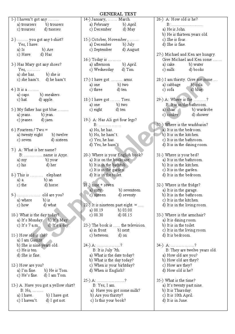 A Revision Test worksheet