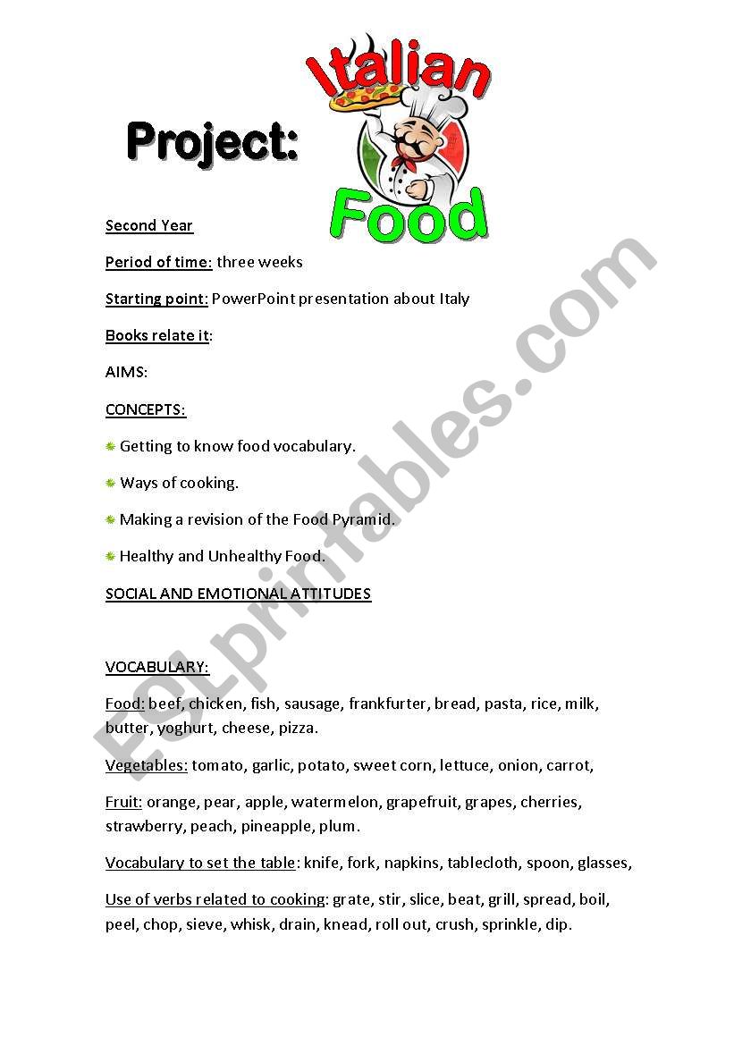 Project on Italian Food worksheet