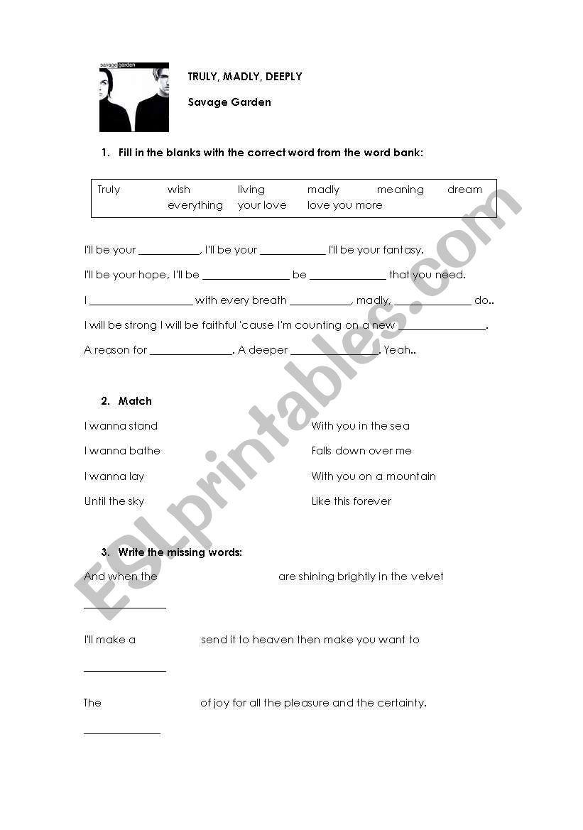 Truly, Madly, Deeply worksheet
