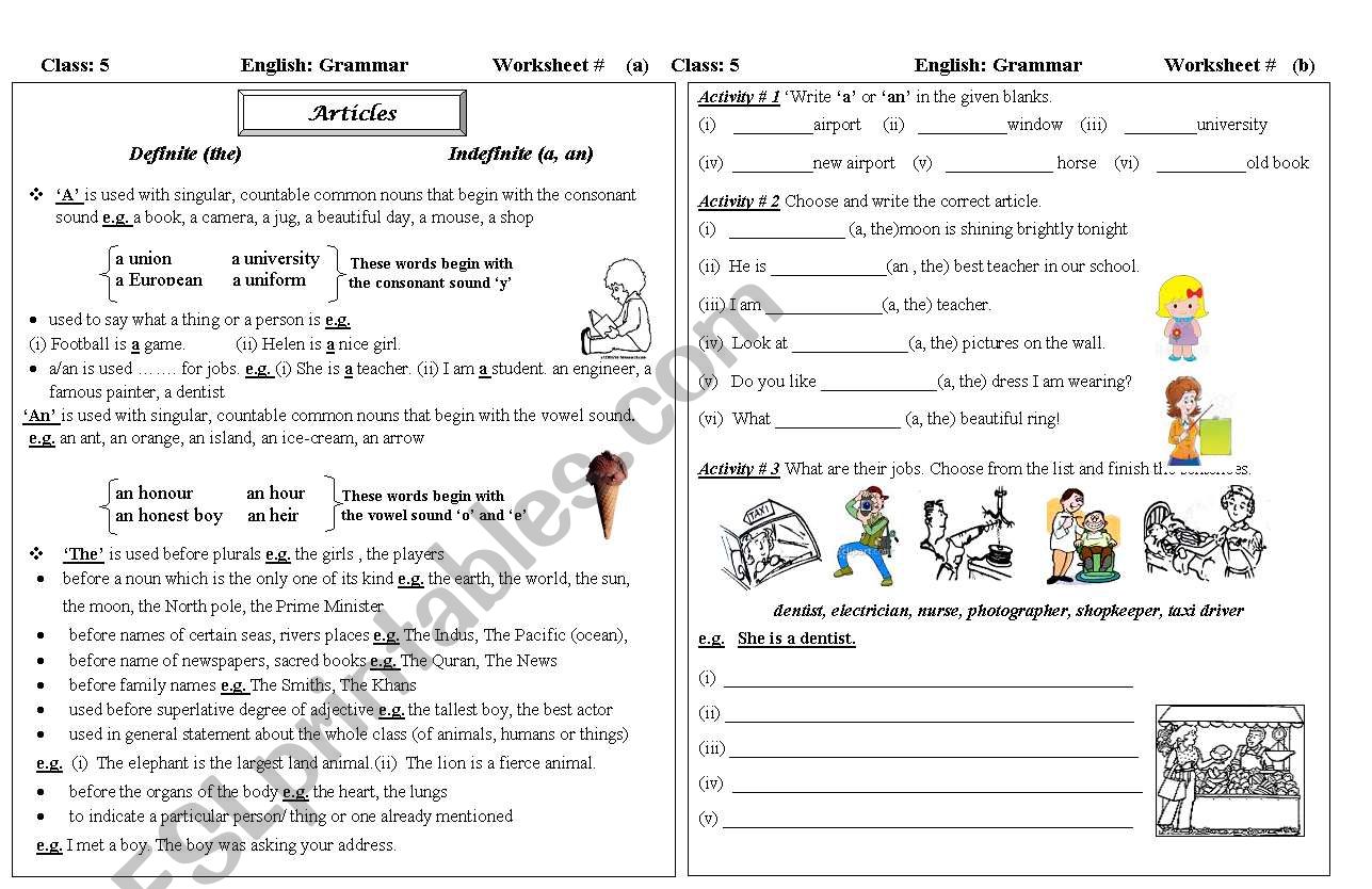 articles worksheet