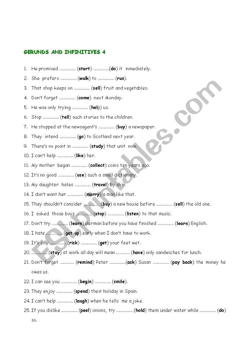 GERUNDS AND INFINITIVES 4 worksheet