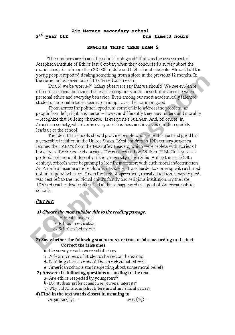 third year exam worksheet