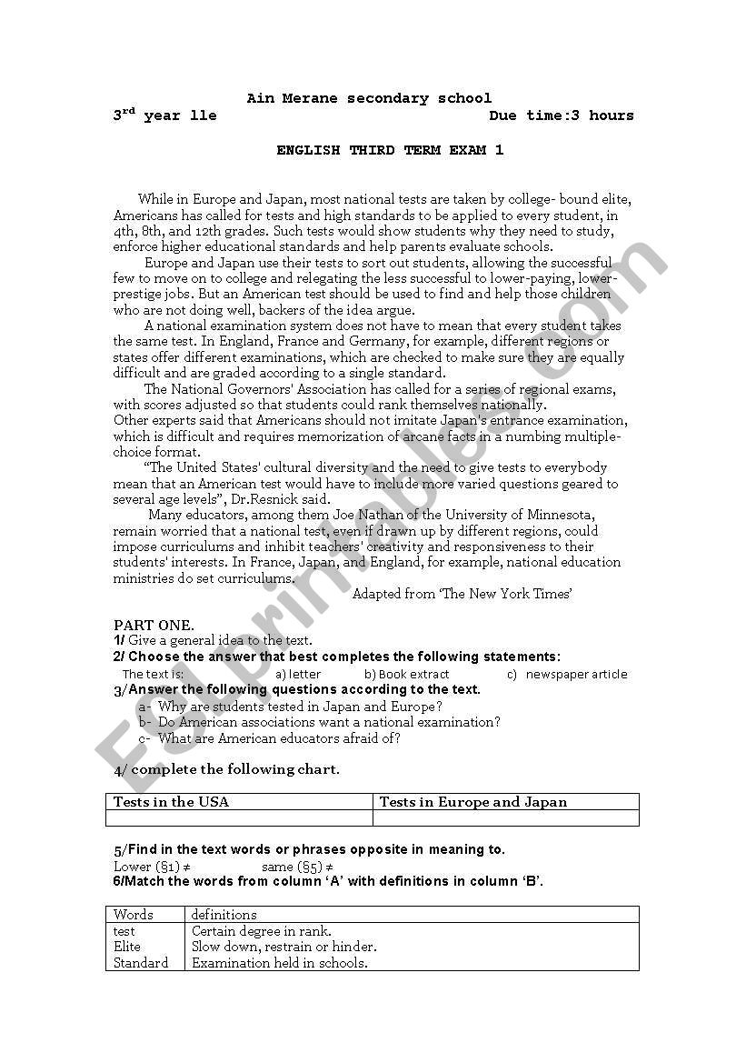 education exam worksheet