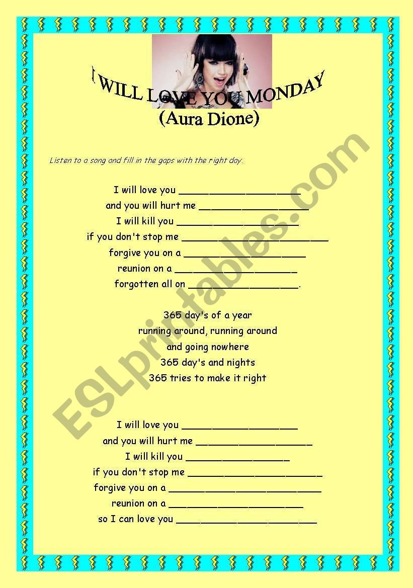 I will love you Monday worksheet