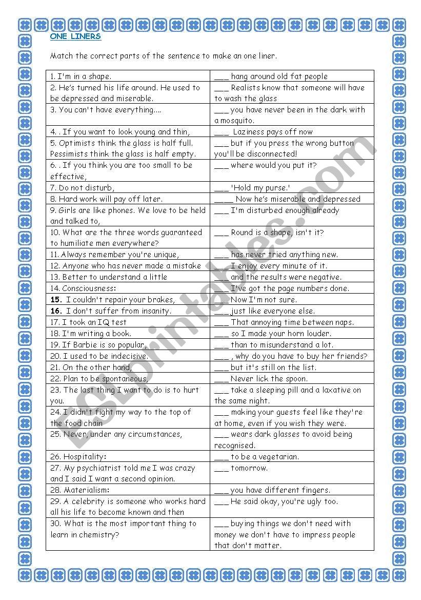 One liners worksheet