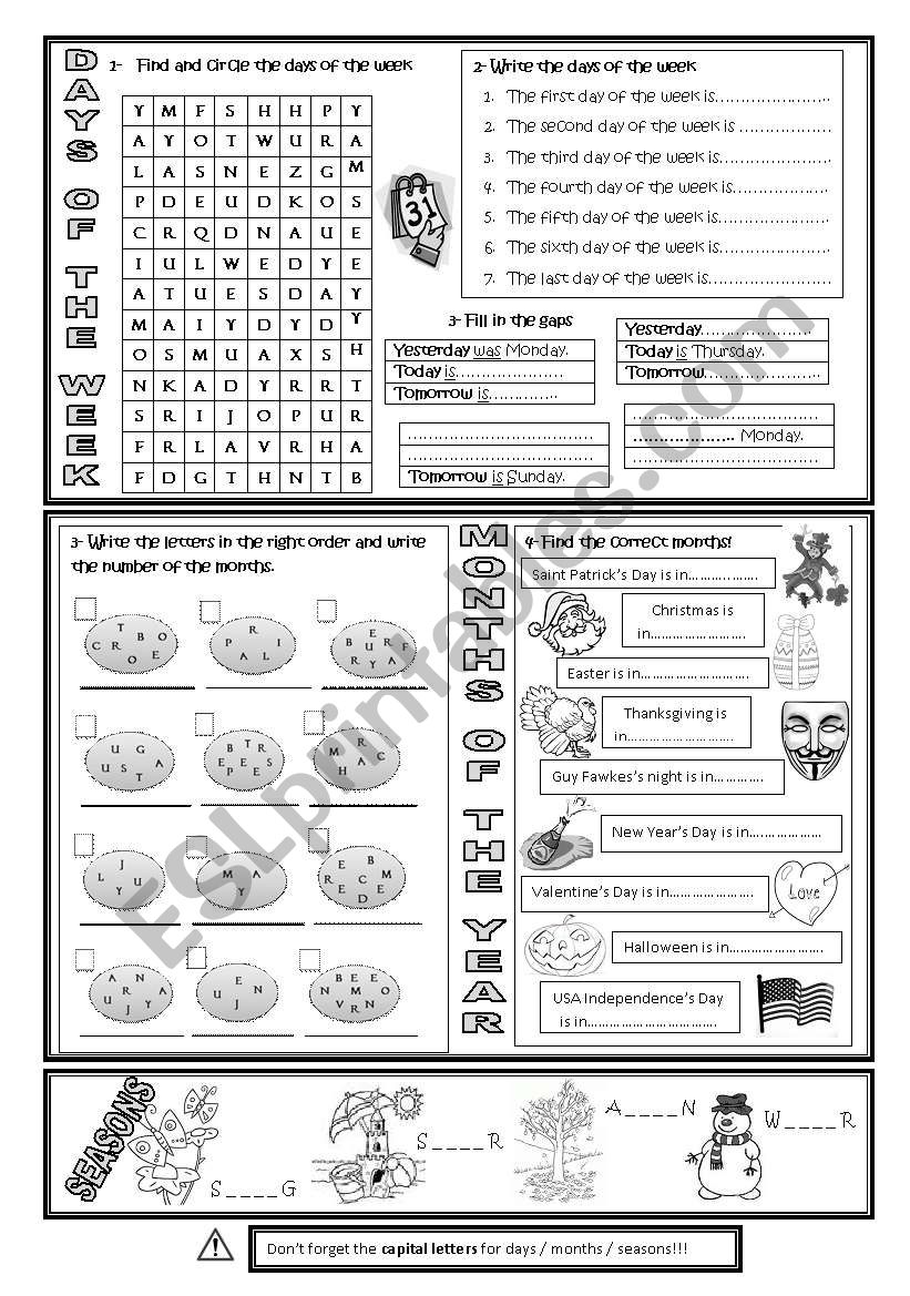 days months seasons worksheet