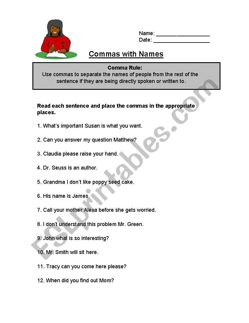 Commas with Names worksheet