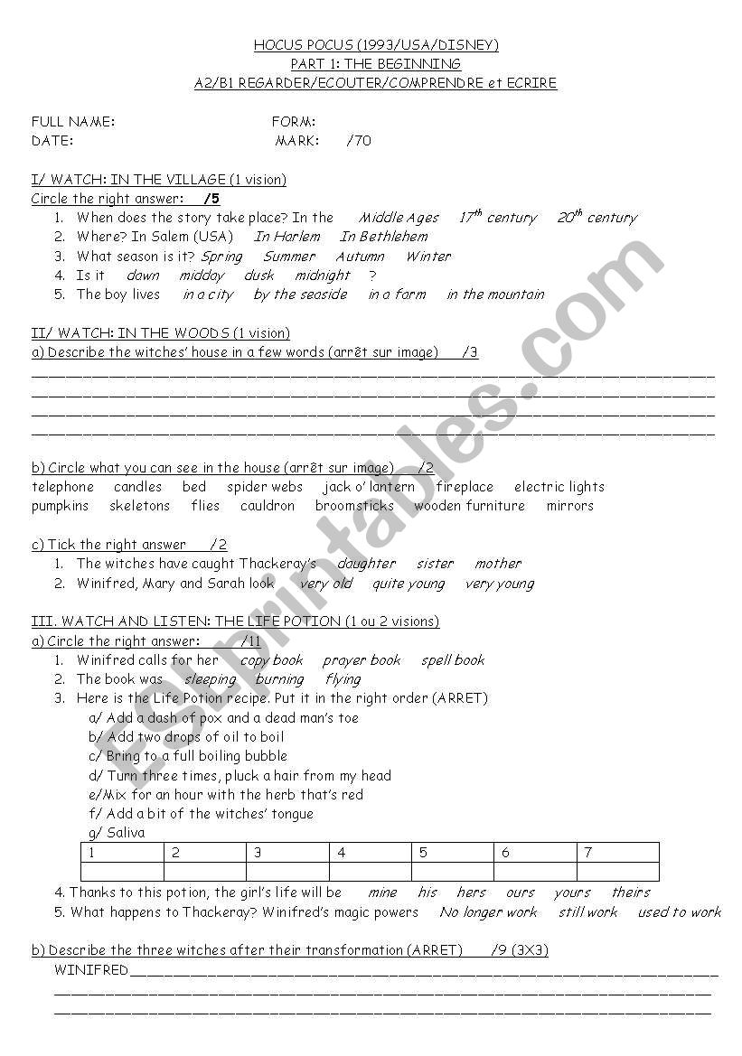 HOCUS POCUS THE BEGINNING worksheet