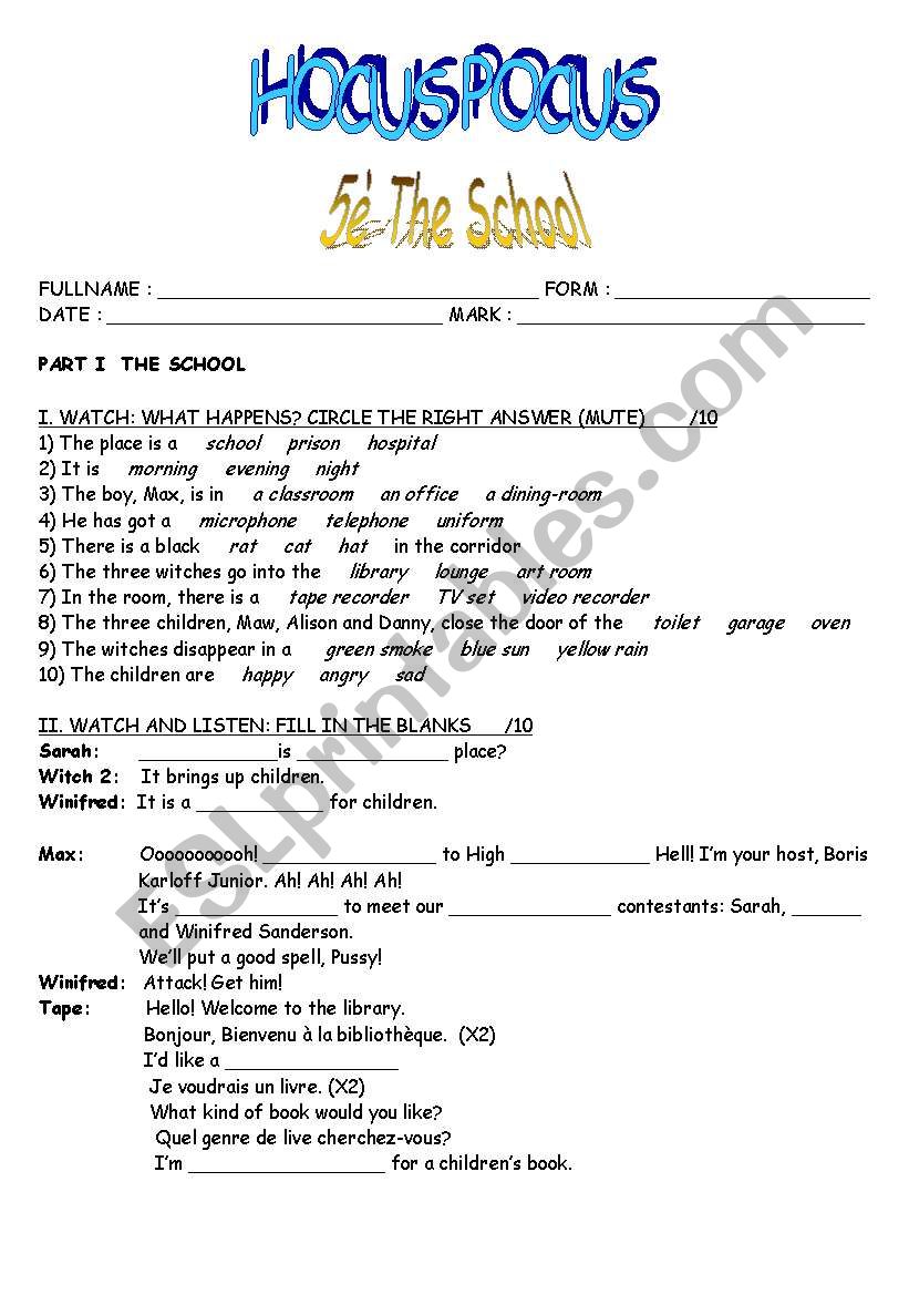 HOCUS POCUS THE SCHOOL worksheet