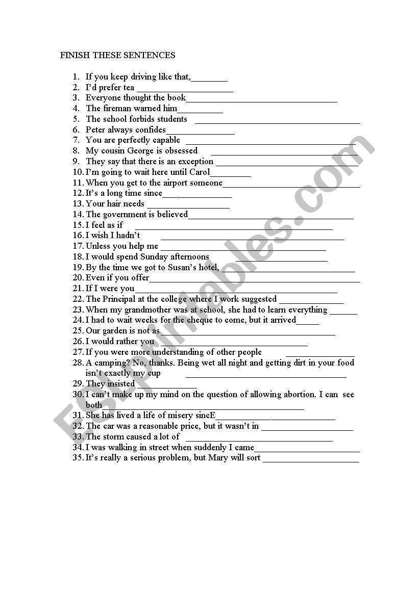 Finish these sentences worksheet