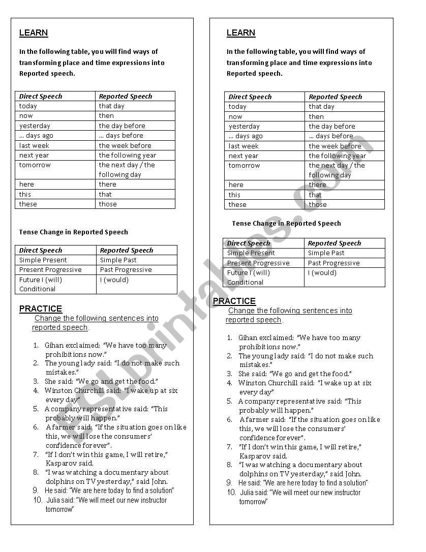 REPORTED SPEECH worksheet