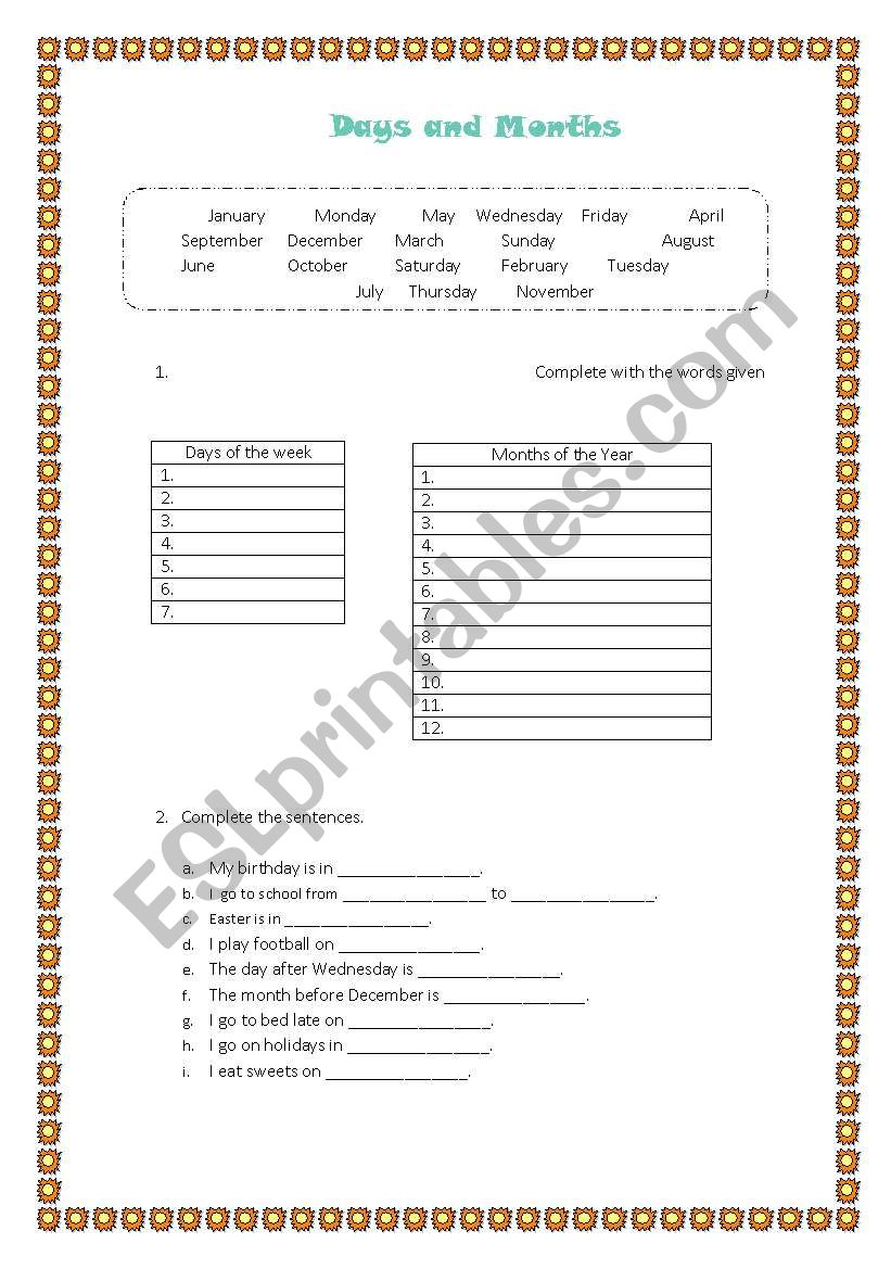 Days and Months worksheet