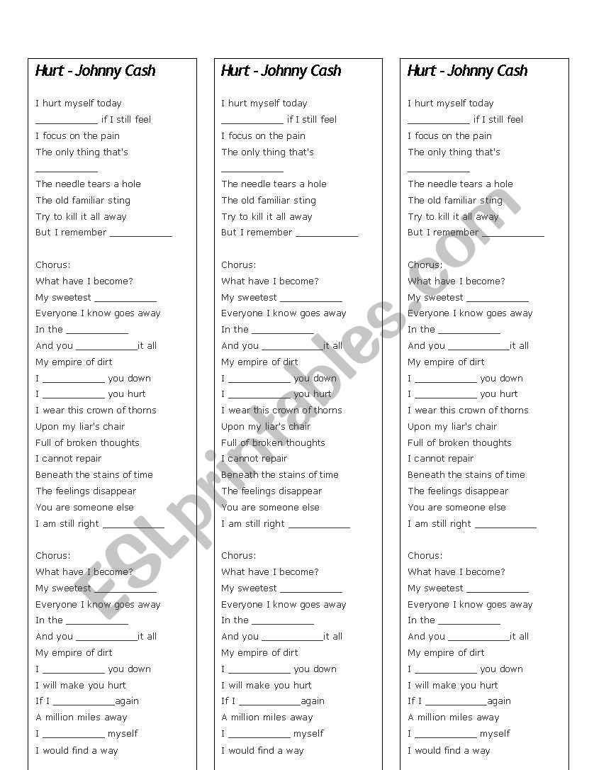 Hurt by Johnny Cash worksheet