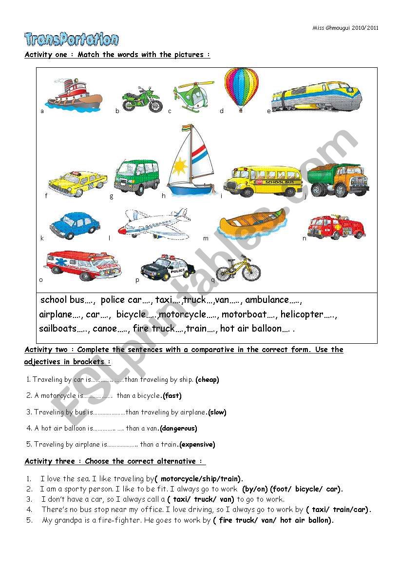 transportation worksheet