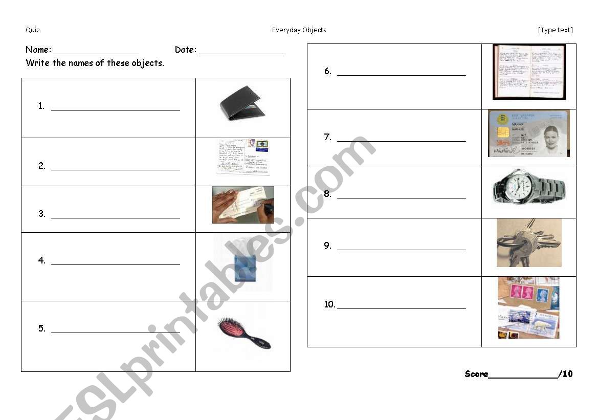 Test- everyday objects worksheet