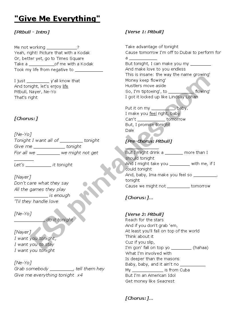 Pitbull Give me Everything worksheet